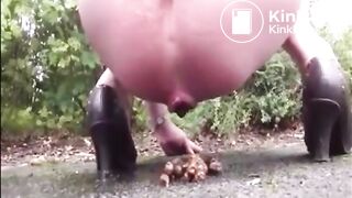 Blonde mature shitting an hard turd in a public parking