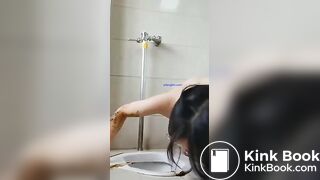 Sexy Chinese scat girl licking shit from the public toilet