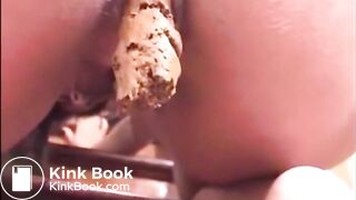 Hairy brunette shitting on the stairs