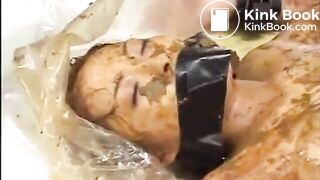 Asian whore eats shit with help from friends