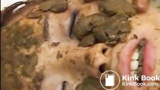 Asian whore eats shit with help from friends