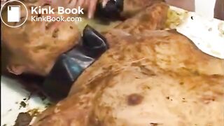 Asian whore eats shit with help from friends