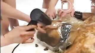 Asian whore eats shit with help from friends