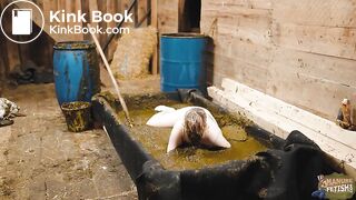 Cleaning ends in a mess - girl falls in to cowshit