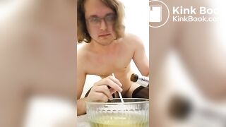 piss slave chugs a lot of piss out of bowl
