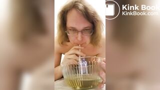 piss slave chugs a lot of piss out of bowl
