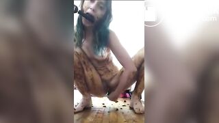 Poop covered brunette chick dildo fucking her mout