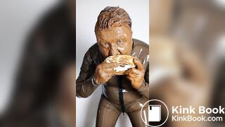 Full head shit smearing & eating in brown rubber