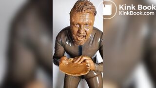 Full head shit smearing & eating in brown rubber