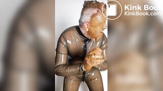 Full head shit smearing & eating in brown rubber