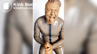 Full head shit smearing & eating in brown rubber