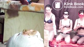 3 girls feed their slave with poop