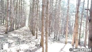 Public wood walking girl shits into panty and mast