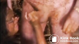 She Sucks Mucky Cock in MMF Bi Slag Scat Threesome