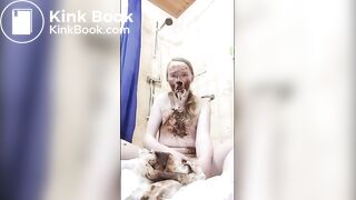 Trans girl plays with her shitty diaper in a cage