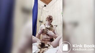 Trans girl plays with her shitty diaper in a cage