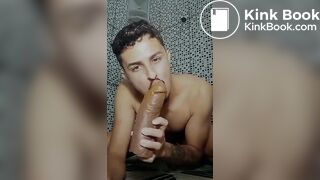 Brazilian twink dirtying his dildo with shit