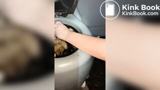 Syringe covered in shit for worthless human toilet