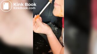 Syringe covered in shit for worthless human toilet