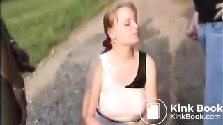 Public Busty Dogging Slut drinks Piss (Claim) - Mouthpissing