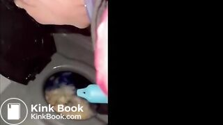 Whore licking public toilet