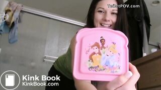 Cute girl shitting into the container poop scat