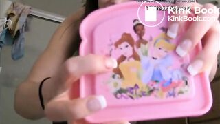 Cute girl shitting into the container poop scat