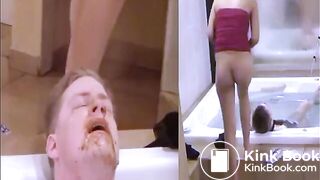 Sadistic girl shits into toilet slave's mouth pool