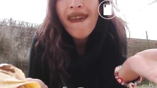 scat girl pooping on banana then eats it outdoor