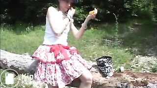 Cute teen shitting outdoor