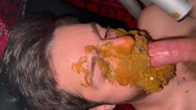 Nice cumshot in scat filled mouth!