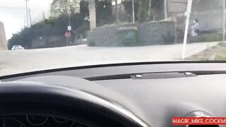 Pretty fit brunette hitchhiker picked up at the bus stop and jerks off big cock