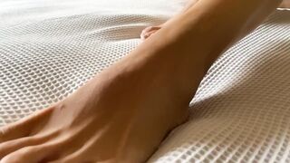 Short | Instagram model in white dress - oil footjob - cum on feet - feet cumshot