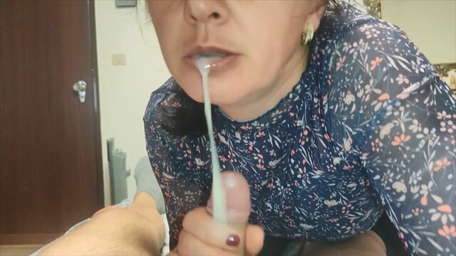 Please don't tell anyone ! MILF Stepmom Housewife Blowjob with Cum in Mouth to help his Stepson