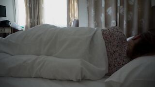 SWEET GIRL MASTURBATES IN BED IN PYJAMAS, FINGER IN PUSSY