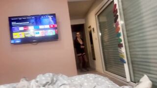I suck him before bed and he cums on my small tits and on my pantyhose
