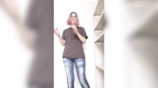 Horny trans girl jerks off at work and cums a lot