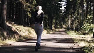 Risky Public blowjob in the forest in leather Jacket and Jeans. Polish Truu Couple