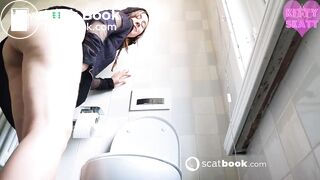 Kitty skatt massive log while squatting on toilet