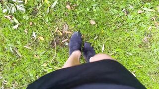 Desperate wetting accident outdoors piss on shoes and dress after party
