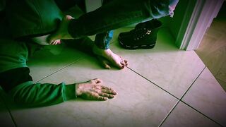 I'm trampling , stomping on his hands in new boots and barefoot