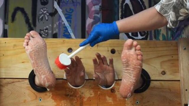 Damien’s soapy scrubbed tickled feet and hands