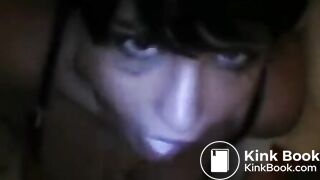 Hot brunette drinks milk and gets throat fucked