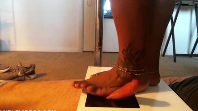 Cock Crushed and Trampled until cum in cock box under hot ebony barefeet