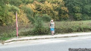Hitchhiking old granny and boy