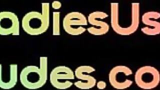 LADIES USE DUDES - Pegging femdom babes jerk cock with gloves in 3some