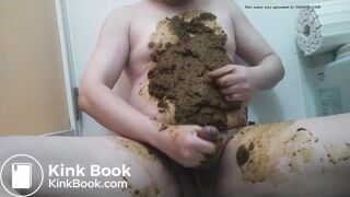 Fat gay man smearing his own shit over his belly