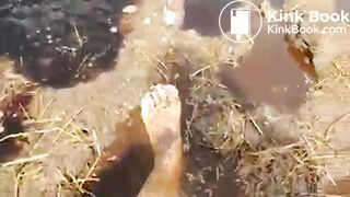 Girl Feet Sinks in Manure Sludge