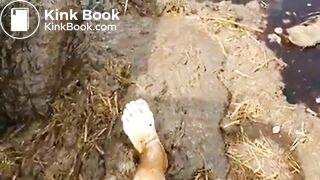 Girl Feet Sinks in Manure Sludge
