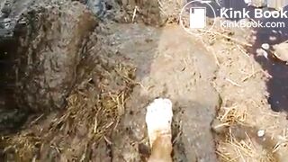 Girl Feet Sinks in Manure Sludge